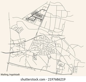 Detaillierte Navigation mit schwarzen Linien Stadtstraßen Karte des MAILING DISTRICT der deutschen Hauptstadt Ingolstadt auf beigem Hintergrund