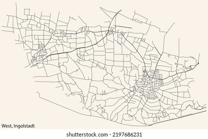 Detaillierte Navigation mit schwarzen Linien Stadtstraßen Karte des WEST DISTRICT der deutschen Landeshauptstadt Ingolstadt auf beigem Hintergrund