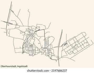 Detaillierte Navigation mit schwarzen Linien Stadtstraßen Karte des OBERHAUNSTADT DISTRICT der deutschen Hauptstadt Ingolstadt auf beigem Hintergrund