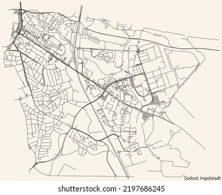 Detaillierte Navigation mit schwarzen Linien Stadtstraßen Karte des SÜDOST DISTRICT der deutschen Hauptstadt Ingolstadt auf beigem Hintergrund