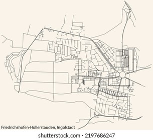 Detaillierte Navigation mit schwarzen Linien Stadtstraßen Karte des FRIEDRICHSHOFEN-HOLLERSTAUDEN DISTRICT der deutschen Hauptstadt Ingolstadt auf beigem Hintergrund