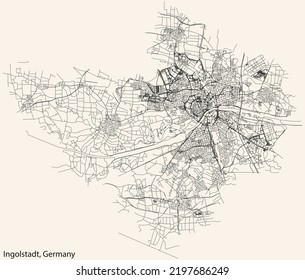 Detaillierte Navigation mit schwarzen Linien Stadtstraßen Karte der deutschen Hauptstadt INGOLSTADT, DEUTSCHLAND auf beigem Hintergrund