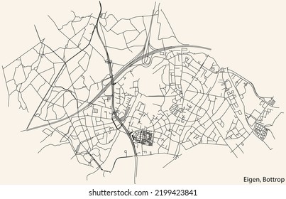 Detailed navigation black lines urban street roads map of the EIGEN DISTRICT of the German regional capital city of Bottrop, Germany on vintage beige background