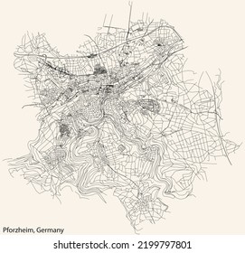 Detailed navigation black lines urban street roads map of the German regional capital city of PFORZHEIM, GERMANY on vintage beige background