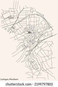 Mapa detallado de la navegación por líneas negras de las calles urbanas del DISTRITO EUTINGEN de la capital regional alemana de Pforzheim, Alemania sobre fondo de color beige vintage