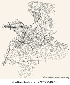 Detailed navigation black lines urban street roads map of the German regional capital city of OFFENBACH AM MAIN, GERMANY on vintage beige background