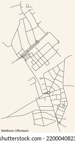 Detailed navigation black lines urban street roads map of the WALDHEIM DISTRICT of the German regional capital city of Offenbach am Main, Germany on vintage beige background
