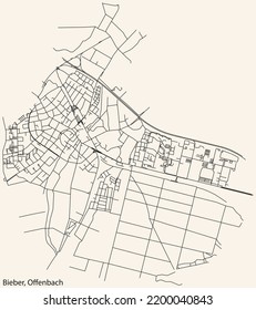 Detailed navigation black lines urban street roads map of the BIEBER DISTRICT of the German regional capital city of Offenbach am Main, Germany on vintage beige background