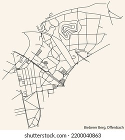 Detailed navigation black lines urban street roads map of the BIEBERER BERG DISTRICT of the German regional capital city of Offenbach am Main, Germany on vintage beige background