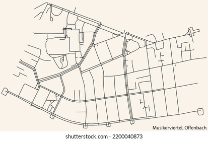 Detailed navigation black lines urban street roads map of the MUSIKERVIERTEL DISTRICT of the German regional capital city of Offenbach am Main, Germany on vintage beige background