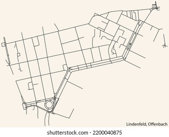 Detailed navigation black lines urban street roads map of the LINDENFELD DISTRICT of the German regional capital city of Offenbach am Main, Germany on vintage beige background