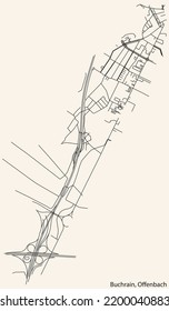 Detailed navigation black lines urban street roads map of the BUCHRAIN DISTRICT of the German regional capital city of Offenbach am Main, Germany on vintage beige background