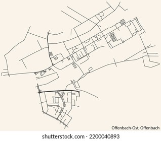 Detailed navigation black lines urban street roads map of the OFFENBACH-OST DISTRICT of the German regional capital city of Offenbach am Main, Germany on vintage beige background