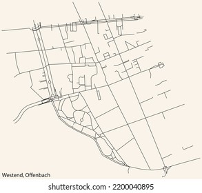 Detailed navigation black lines urban street roads map of the WESTEND DISTRICT of the German regional capital city of Offenbach am Main, Germany on vintage beige background
