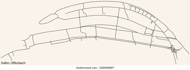 Detaillierte Navigation auf schwarzen Linien Stadtstraßen Karte des HAFEN DISTRICT der deutschen Hauptstadt Offenbach am Main auf beigem Hintergrund