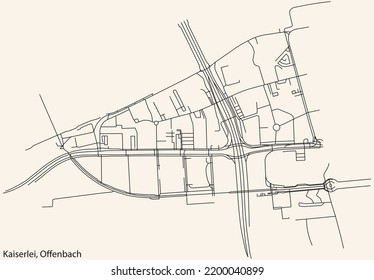 Detailed navigation black lines urban street roads map of the KAISERLEI DISTRICT of the German regional capital city of Offenbach am Main, Germany on vintage beige background