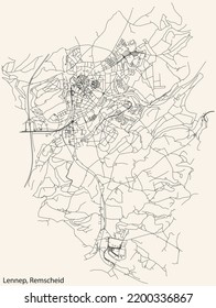 Detailed navigation black lines urban street roads map of the LENNEP QUARTER of the German regional capital city of Remscheid, Germany on vintage beige background