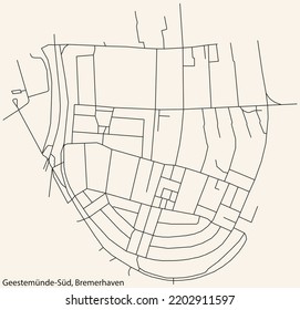 Detailed navigation black lines urban street roads map of the GEESTEMÜNDE-SÜD QUARTER of the German regional capital city of Bremerhaven, Germany on vintage beige background