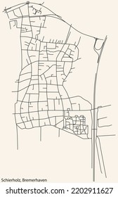 Detailed navigation black lines urban street roads map of the SCHIERHOLZ QUARTER of the German regional capital city of Bremerhaven, Germany on vintage beige background