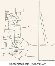 Detailed navigation black lines urban street roads map of the BUSCHKÄMPEN QUARTER of the German regional capital city of Bremerhaven, Germany on vintage beige background