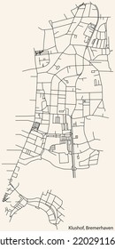 Detailed navigation black lines urban street roads map of the KLUSHOF QUARTER of the German regional capital city of Bremerhaven, Germany on vintage beige background