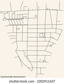 Detailed navigation black lines urban street roads map of the GOETHESTRASSE QUARTER of the German regional capital city of Bremerhaven, Germany on vintage beige background