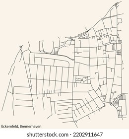 Detailed navigation black lines urban street roads map of the ECKERNFELD QUARTER of the German regional capital city of Bremerhaven, Germany on vintage beige background