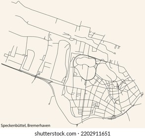 Detailed navigation black lines urban street roads map of the SPECKENBÜTTEL QUARTER of the German regional capital city of Bremerhaven, Germany on vintage beige background