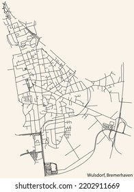 Detailed navigation black lines urban street roads map of the WULSDORF DISTRICT of the German regional capital city of Bremerhaven, Germany on vintage beige background