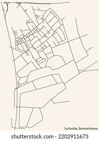 Detailed navigation black lines urban street roads map of the SURHEIDE DISTRICT of the German regional capital city of Bremerhaven, Germany on vintage beige background