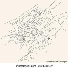 Detailed navigation black lines urban street roads map of the OHMENHAUSEN QUARTER of the German regional capital city of Reutlingen, Germany on vintage beige background