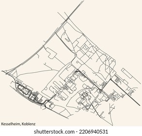 Detailed navigation black lines urban street roads map of the KESSELHEIM QUARTER of the German regional capital city of Koblenz, Germany on vintage beige background