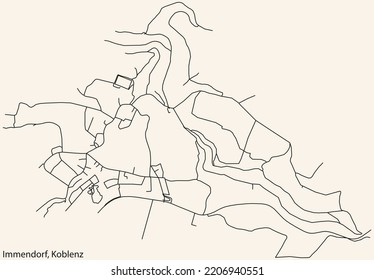 Detailed navigation black lines urban street roads map of the IMMENDORF QUARTER of the German regional capital city of Koblenz, Germany on vintage beige background