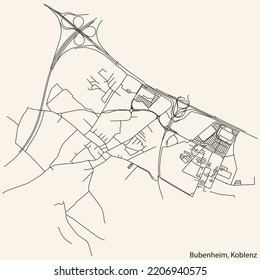Detailed navigation black lines urban street roads map of the BUBENHEIM QUARTER of the German regional capital city of Koblenz, Germany on vintage beige background
