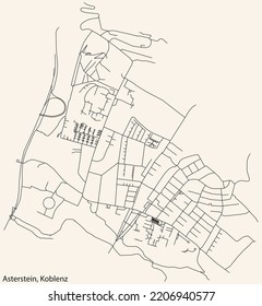 Detailed navigation black lines urban street roads map of the ASTERSTEIN QUARTER of the German regional capital city of Koblenz, Germany on vintage beige background