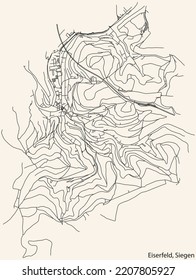 Detailed navigation black lines urban street roads map of the EISERFELD QUARTER of the German regional capital city of Siegen, Germany on vintage beige background