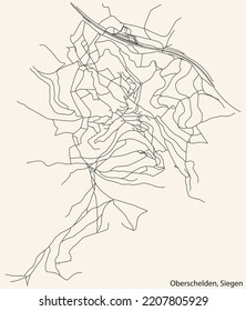 Detailed navigation black lines urban street roads map of the OBERSCHELDEN QUARTER of the German regional capital city of Siegen, Germany on vintage beige background