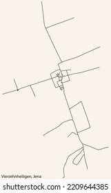 Detailed navigation black lines urban street roads map of the VIERZEHNHEILIGEN QUARTER of the German regional capital city of Jena, Germany on vintage beige background