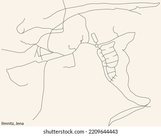 Detailed navigation black lines urban street roads map of the ILMNITZ QUARTER of the German regional capital city of Jena, Germany on vintage beige background
