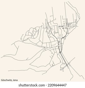 Detailed navigation black lines urban street roads map of the GÖSCHWITZ QUARTER of the German regional capital city of Jena, Germany on vintage beige background