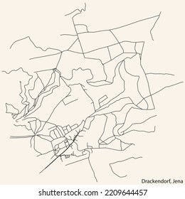 Detailed navigation black lines urban street roads map of the DRACKENDORF QUARTER of the German regional capital city of Jena, Germany on vintage beige background