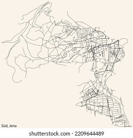 Detailed navigation black lines urban street roads map of the SÜD QUARTER of the German regional capital city of Jena, Germany on vintage beige background