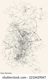 Detailed navigation black lines urban street roads map of the German regional capital city of GERA, GERMANY on vintage beige background