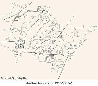 Detailed navigation black lines urban street roads map of the ORTSCHAFT OST DISTRICT of the German regional capital city of Salzgitter, Germany on vintage beige background