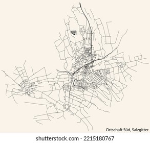 Detailed navigation black lines urban street roads map of the ORTSCHAFT SÜD DISTRICT of the German regional capital city of Salzgitter, Germany on vintage beige background