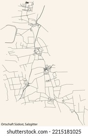 Detailed navigation black lines urban street roads map of the ORTSCHAFT SÜDOST DISTRICT of the German regional capital city of Salzgitter, Germany on vintage beige background