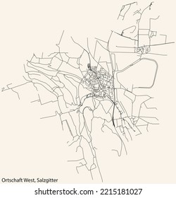 Detailed navigation black lines urban street roads map of the ORTSCHAFT WEST DISTRICT of the German regional capital city of Salzgitter, Germany on vintage beige background
