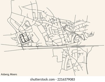 Detailed navigation black lines urban street roads map of the ASBERG QUARTER of the German regional capital city of Moers, Germany on vintage beige background