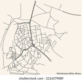 Detailed navigation black lines urban street roads map of the RHEINKAMP-MITTE QUARTER of the German regional capital city of Moers, Germany on vintage beige background