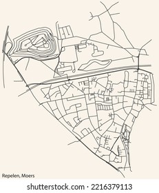 Detailed navigation black lines urban street roads map of the REPELEN QUARTER of the German regional capital city of Moers, Germany on vintage beige background